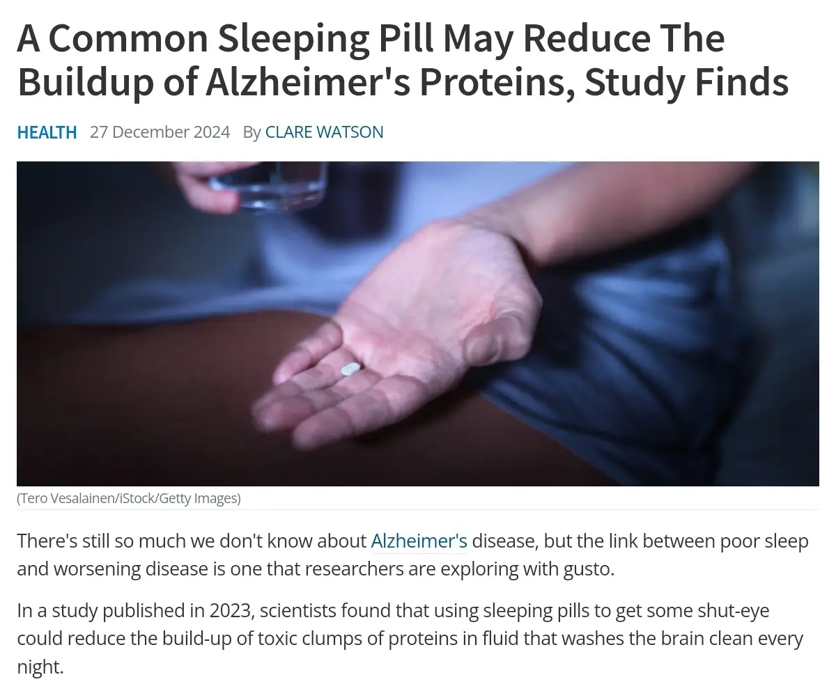 A news article screenshot shows a person holding a single white pill in their palm while another hand holds a glass of water…