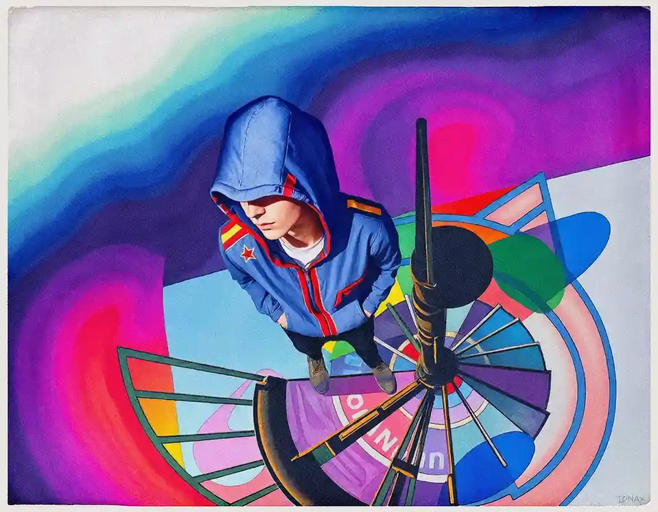 A person in a blue hooded jacket with red trim and a red star patch stands atop a colorful, abstract Ferris wheel structure…