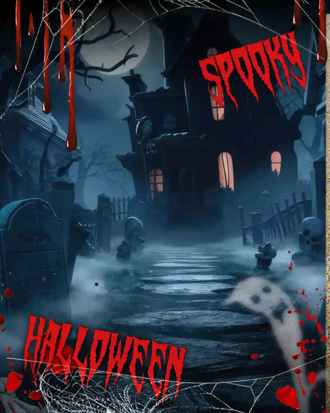 A dark, atmospheric Halloween scene featuring a haunted house with glowing windows, a full moon, and spooky trees. The…