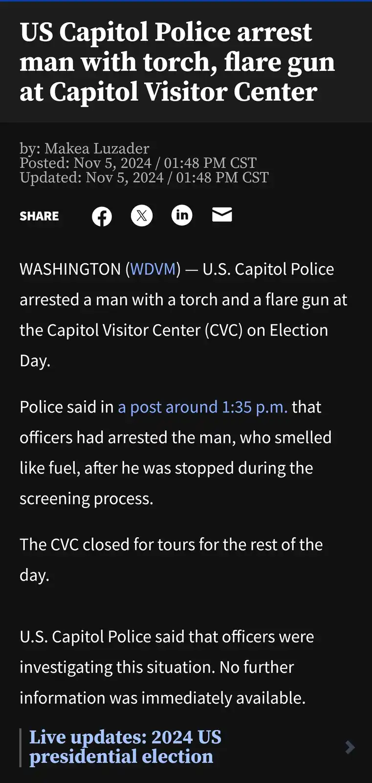 A screenshot of a news article with a black background and white text, reporting that U.S. Capitol Police arrested a man…