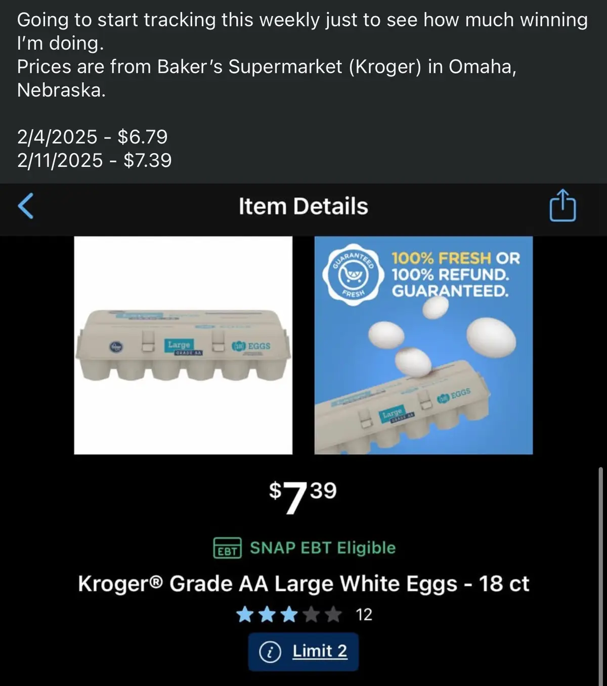 A screenshot of a Kroger grocery app showing a carton of Grade AA Large White Eggs priced at $7.39, with a note above…