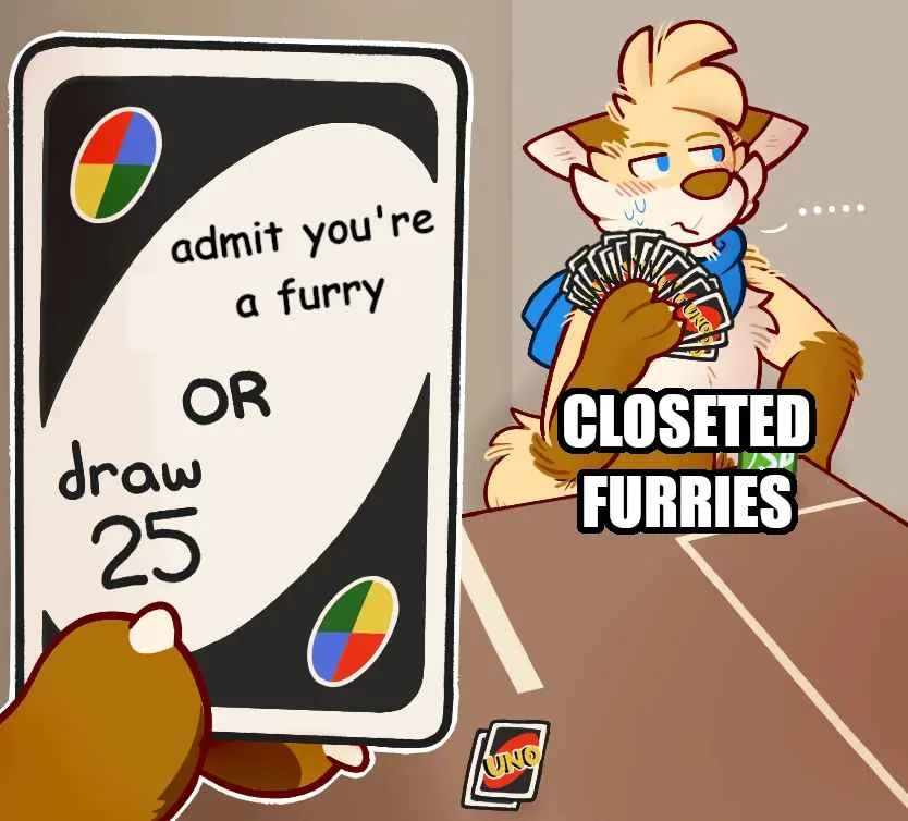 A cartoon fox character with a distressed expression holds a fan of Uno cards while looking at a large Uno card that reads…