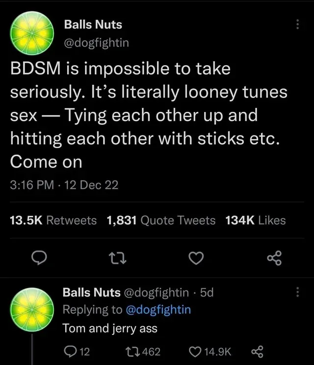 A screenshot of a Twitter thread by user @dogfightin, showing their original tweet dismissing BDSM as 'looney tunes sex' and…