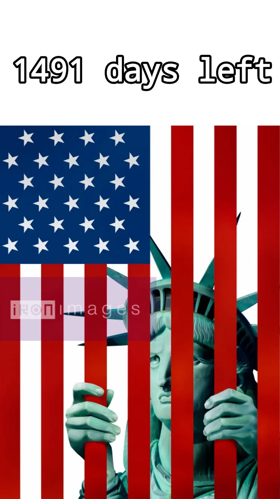 The image shows the Statue of Liberty partially obscured by vertical red stripes from the American flag, with the text '1491…