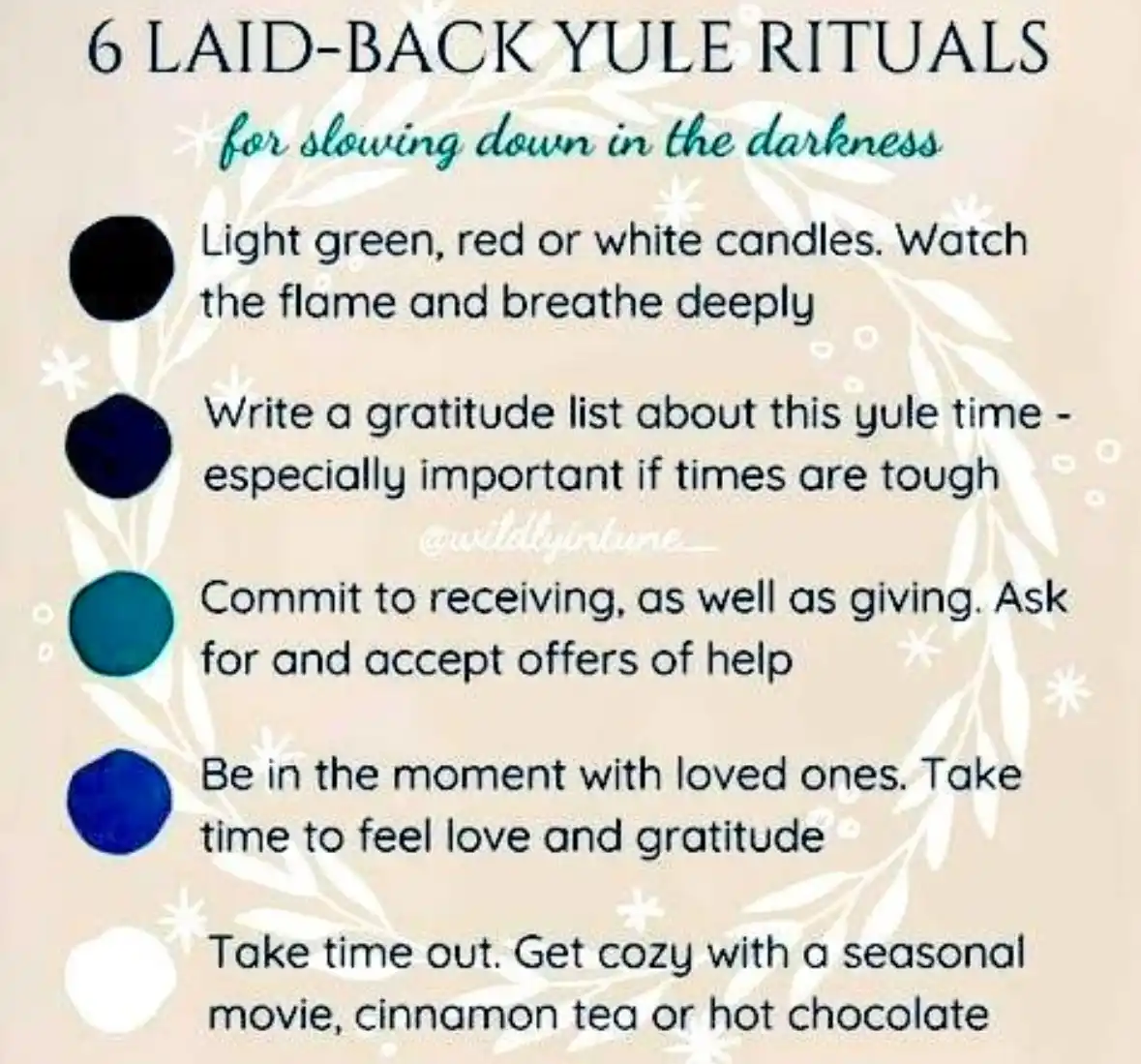 An infographic lists six calming yule rituals, including lighting candles, writing gratitude lists, accepting help, being…
