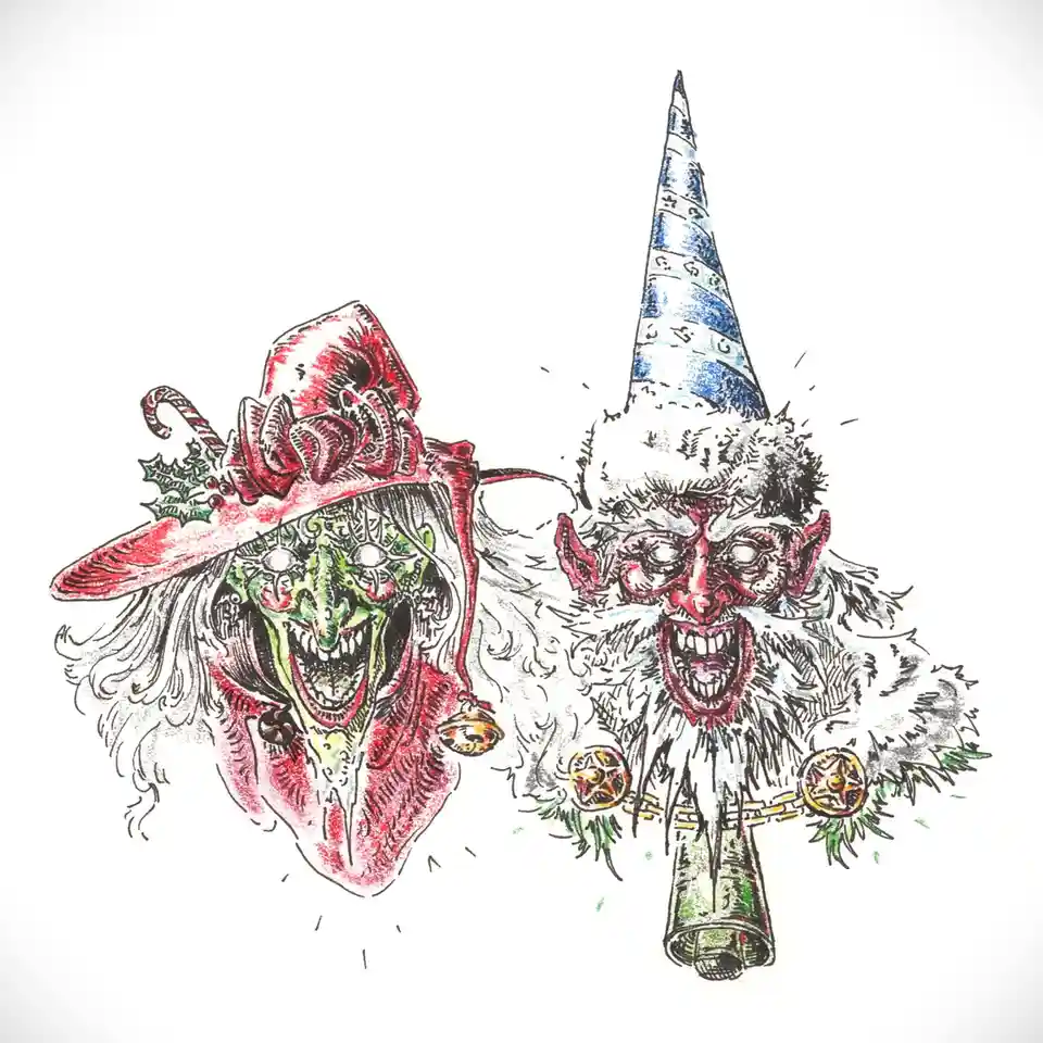 Two grotesque, screaming holiday monsters are depicted side-by-side: one on the left wears a red Santa-style hat adorned…