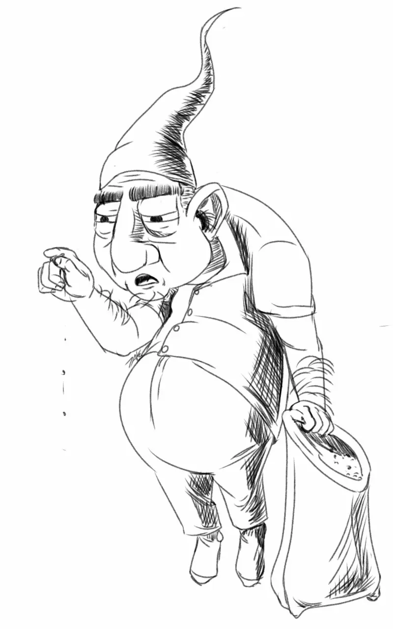 A black-and-white cartoon drawing of a gnome with a long pointed hat, wearing a button-up shirt and pants, holding a sack…