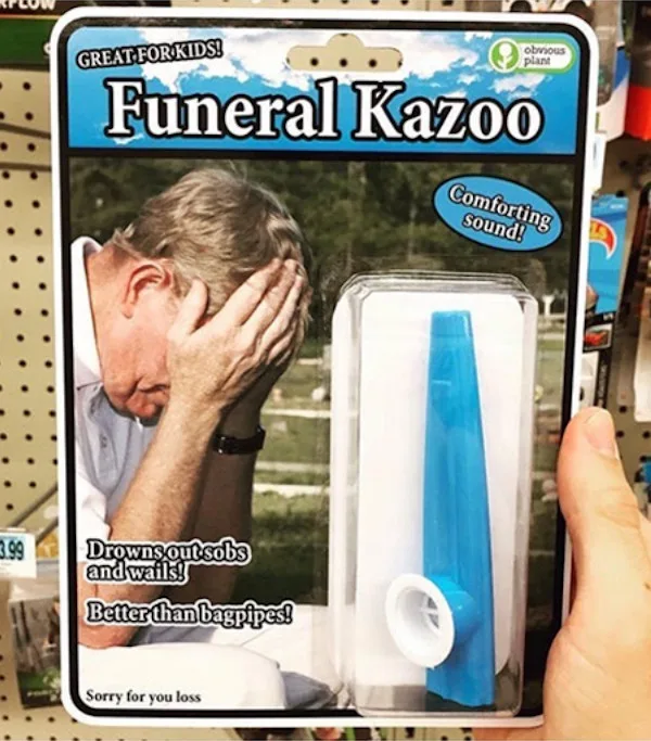 A product package for a 'Funeral Kazoo' shows a man in mourning with his hands over his face, next to a blue kazoo in…