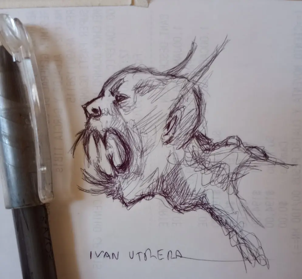 A rough, expressive sketch of a screaming man's face and upper body, drawn in dark ink on paper with faint printed text in…