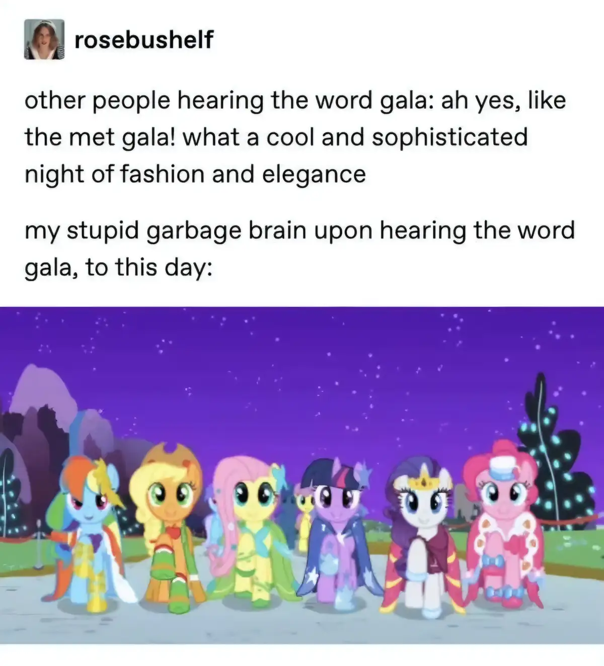 The image shows a line of six My Little Pony characters standing in a nighttime setting with a purple sky and stars. The…
