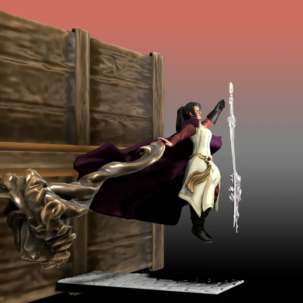 A 3D-rendered fantasy character in a white and purple outfit, holding a glowing sword, is stuck halfway through a wooden…