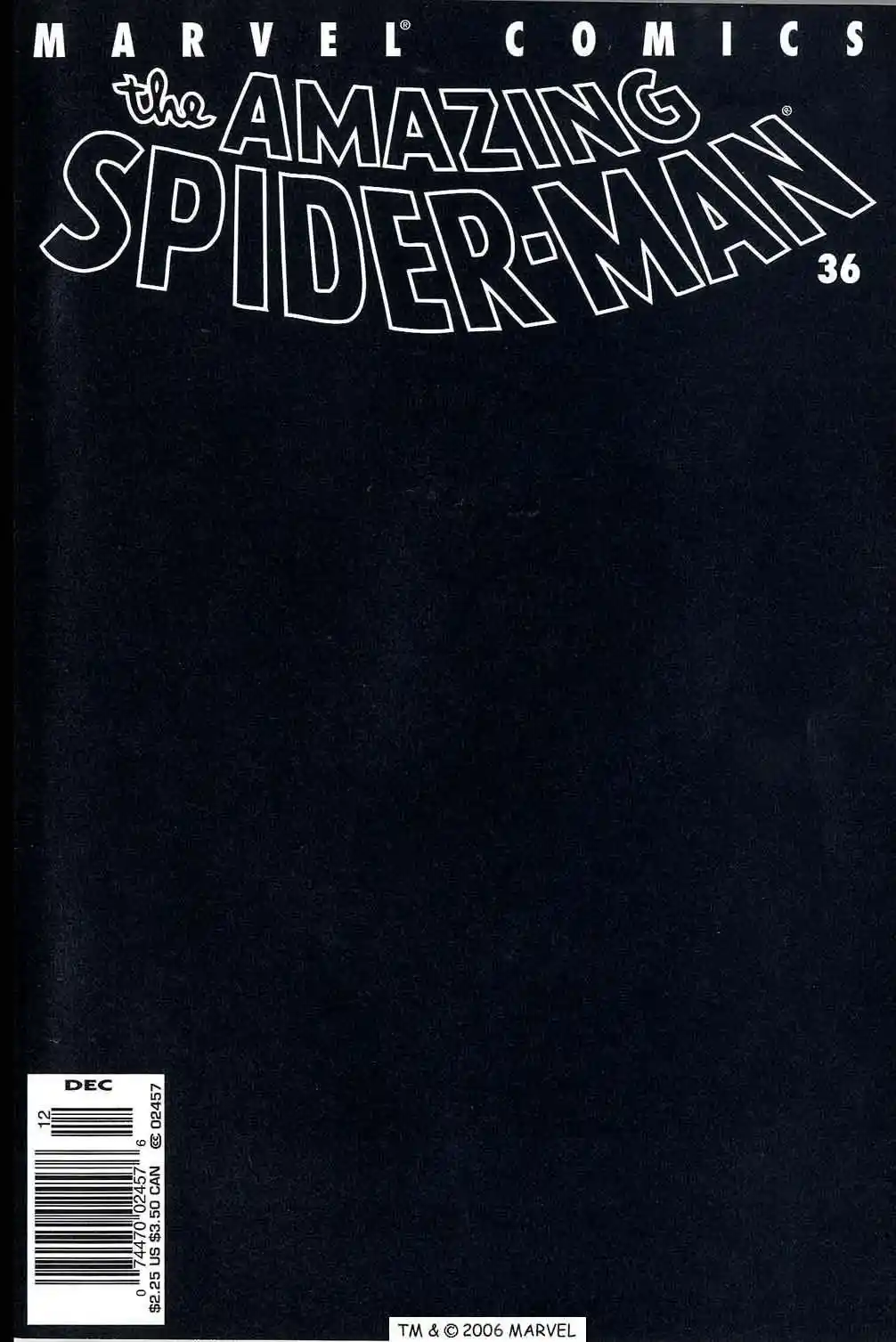 The image shows the cover of a Marvel Comics issue titled 'The Amazing Spider-Man' number 36, featuring a plain black…