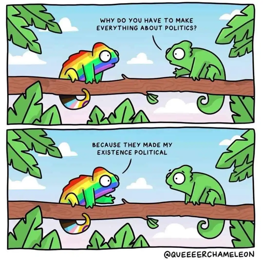 Two cartoon chameleons sit on a tree branch in a jungle setting. The top panel shows a rainbow-colored chameleon asking a…