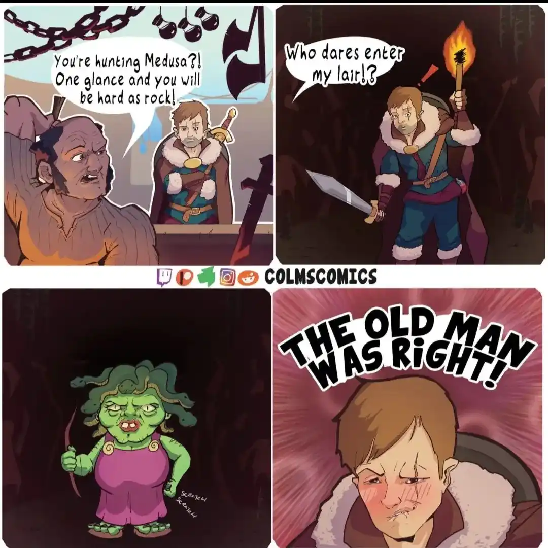 A four-panel comic strip shows a warrior being warned by an old man that Medusa turns people to stone, then entering her…