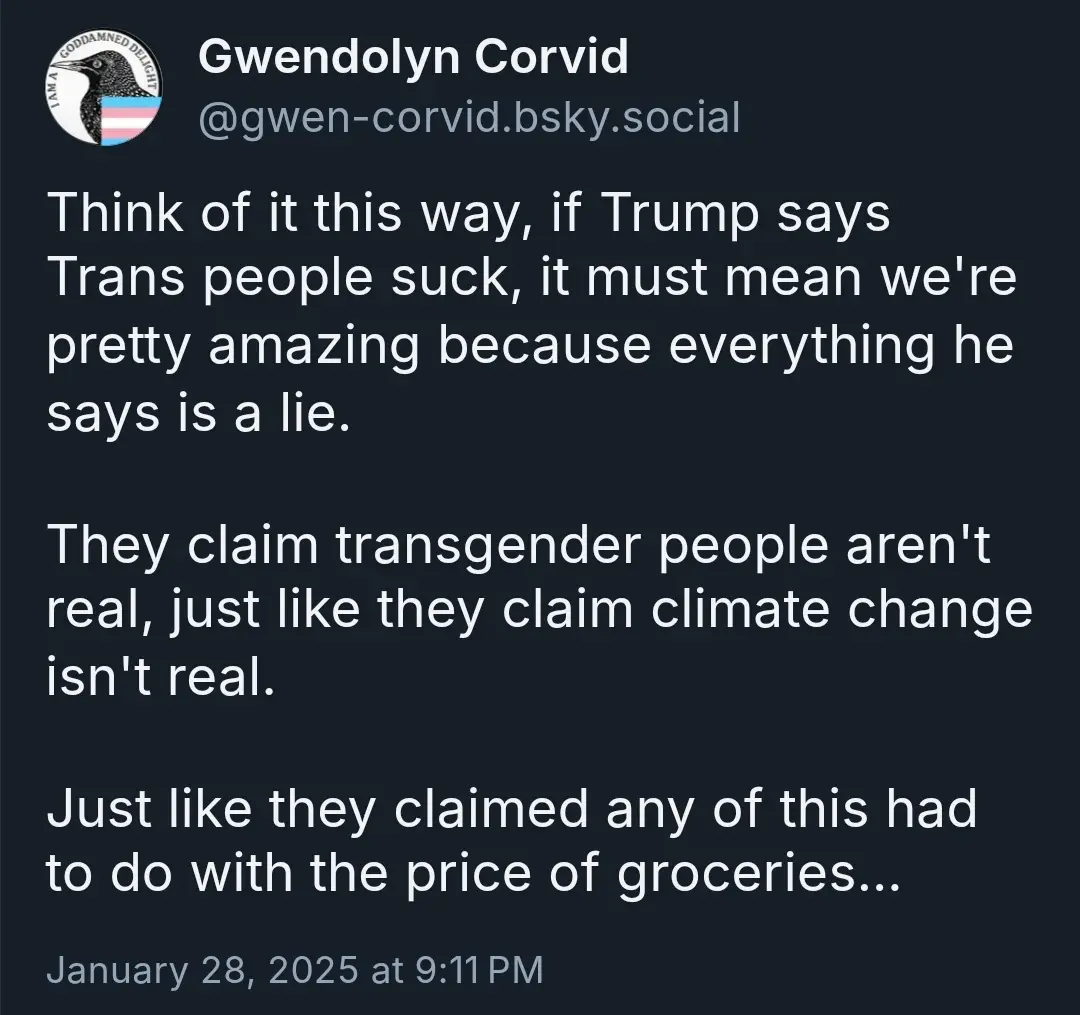 A screenshot of a social media post by 'Gwendolyn Corvid' on a dark background. The post contains white text arguing that if…