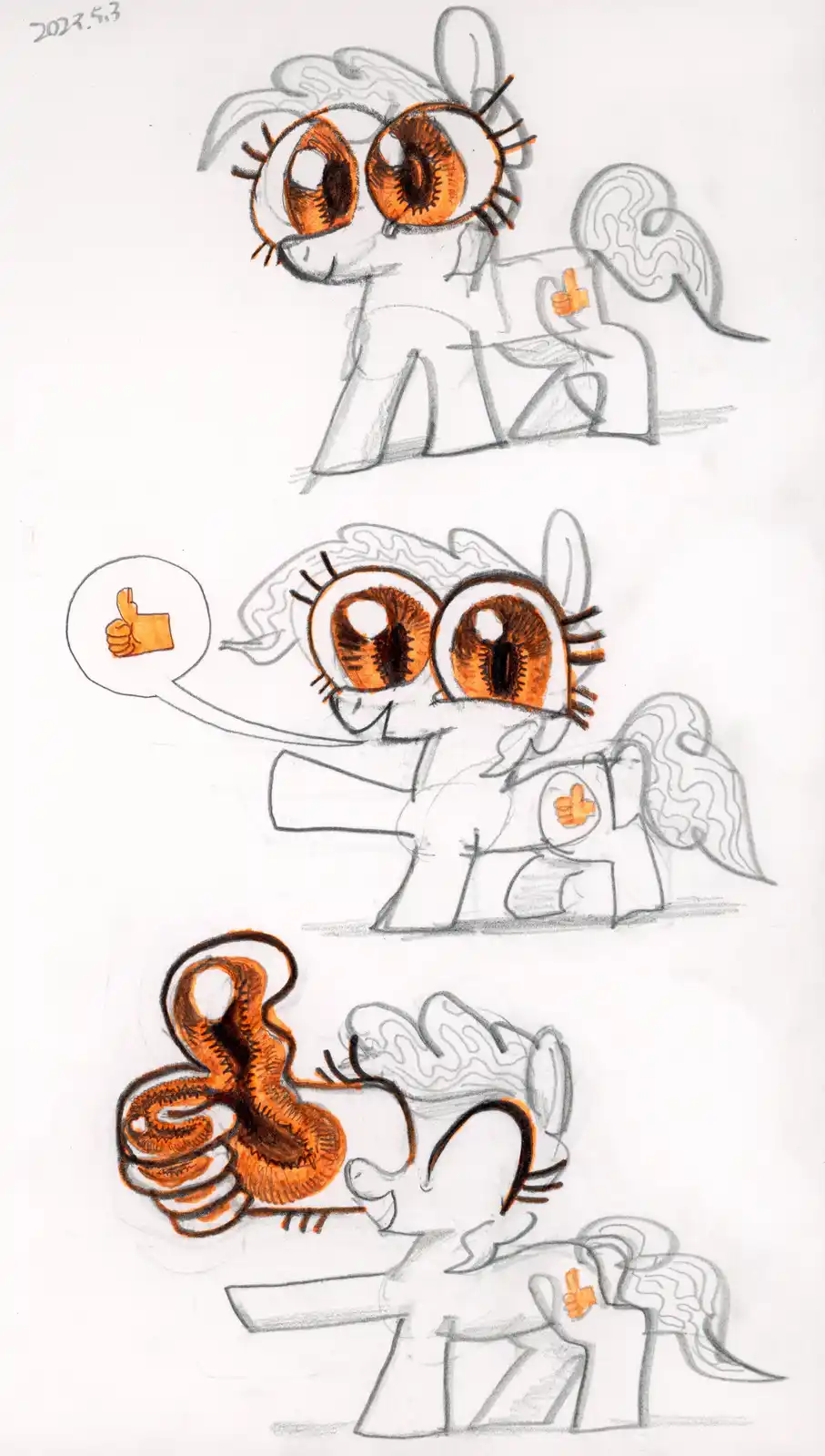 A hand-drawn sketch shows a cartoon pony with large orange eyes in three panels. In the top panel, the pony gives a small…