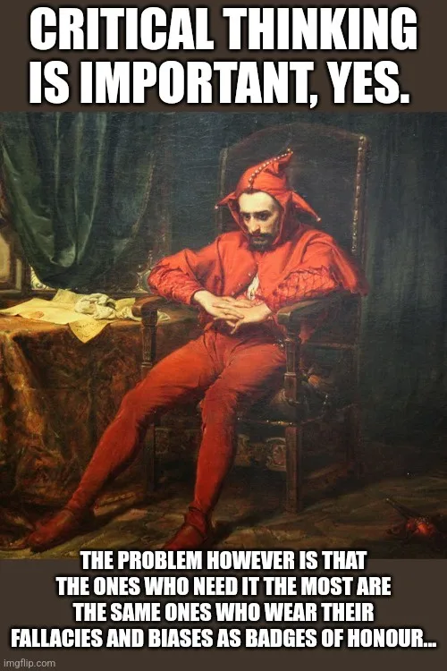 A classical painting depicts a man in a red outfit sitting in a chair, looking downcast with his hands clasped. Overlaid…