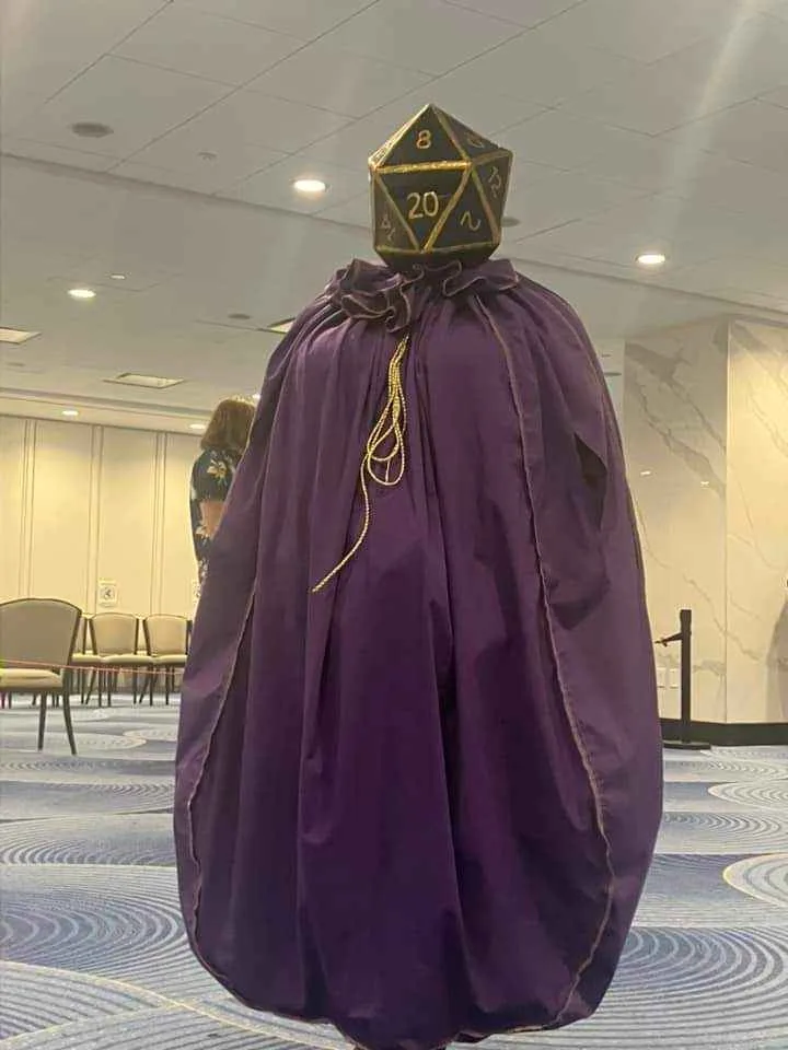 A person wearing a purple wizard's robe with a large, black and gold 20-sided die (d20) strapped to their head, obscuring…