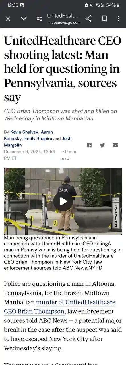 A screenshot of an ABC News article about the UnitedHealthcare CEO shooting shows a photo of an NYPD officer at a crime…