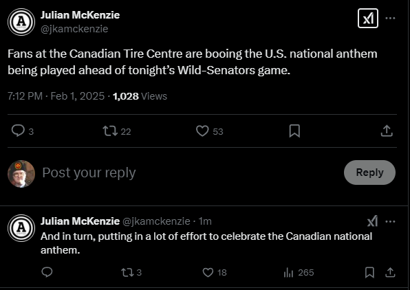A screenshot of two tweets from Julian McKenzie showing Canadian fans booing the U.S. national anthem before a hockey game…
