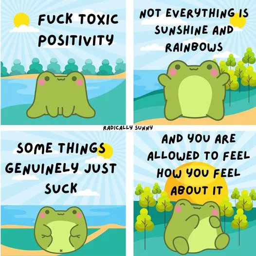 A four-panel meme featuring a cartoon green frog in various poses against a sunny, idyllic background with trees and a sun…