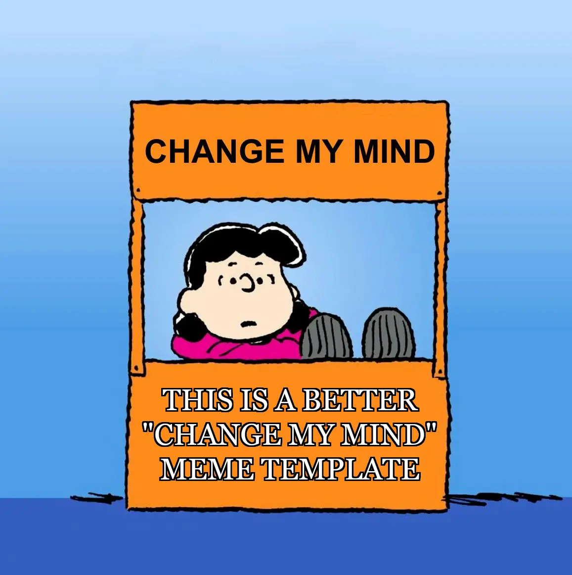 A cartoon girl with black hair and a pink shirt peers out from behind an orange sign that reads 'CHANGE MY MIND'. Below her…