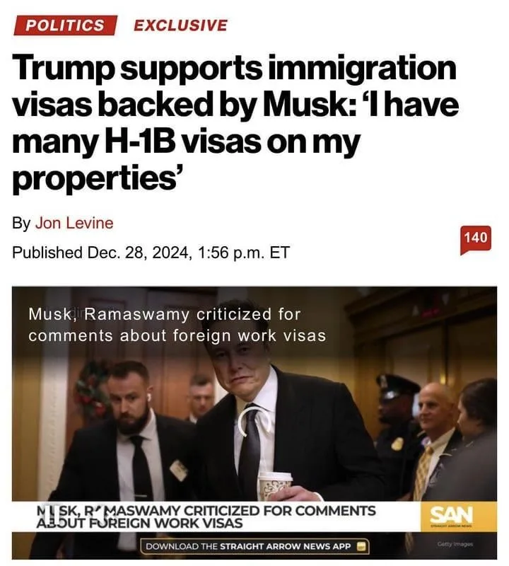 A screenshot of a fake news article with the headline 'Trump supports immigration visas backed by Musk: 'I have many H-1B…