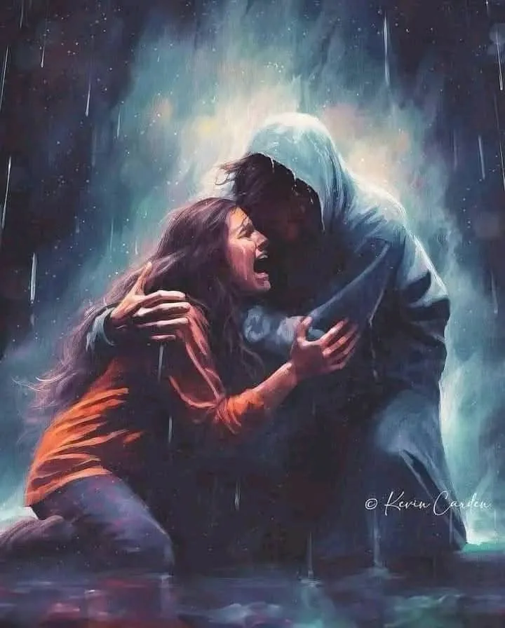 A dramatic painting depicts a woman in an orange shirt kneeling in the rain, screaming in anguish as a hooded figure…