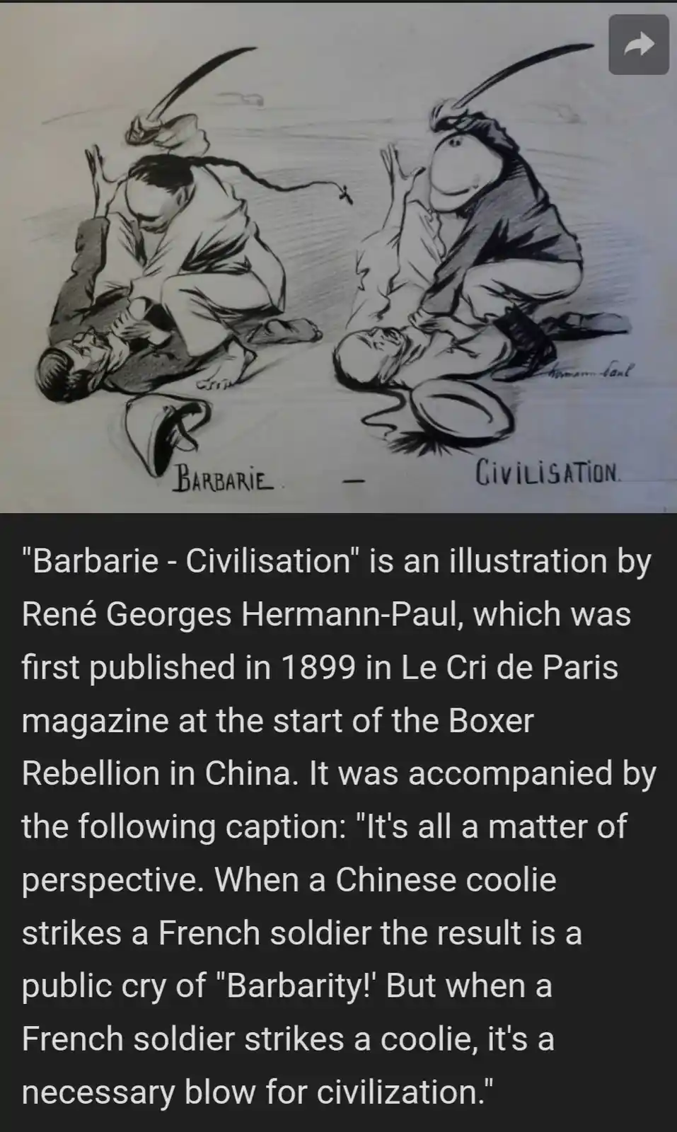 A black-and-white historical cartoon by Hermann-Paul depicts two men, labeled 'BARBARIE' and 'CIVILISATION', each holding a…