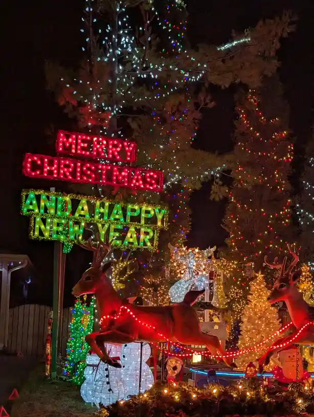 A nighttime photo of an extremely elaborate Christmas display featuring large illuminated signs reading 'MERRY CHRISTMAS AND…