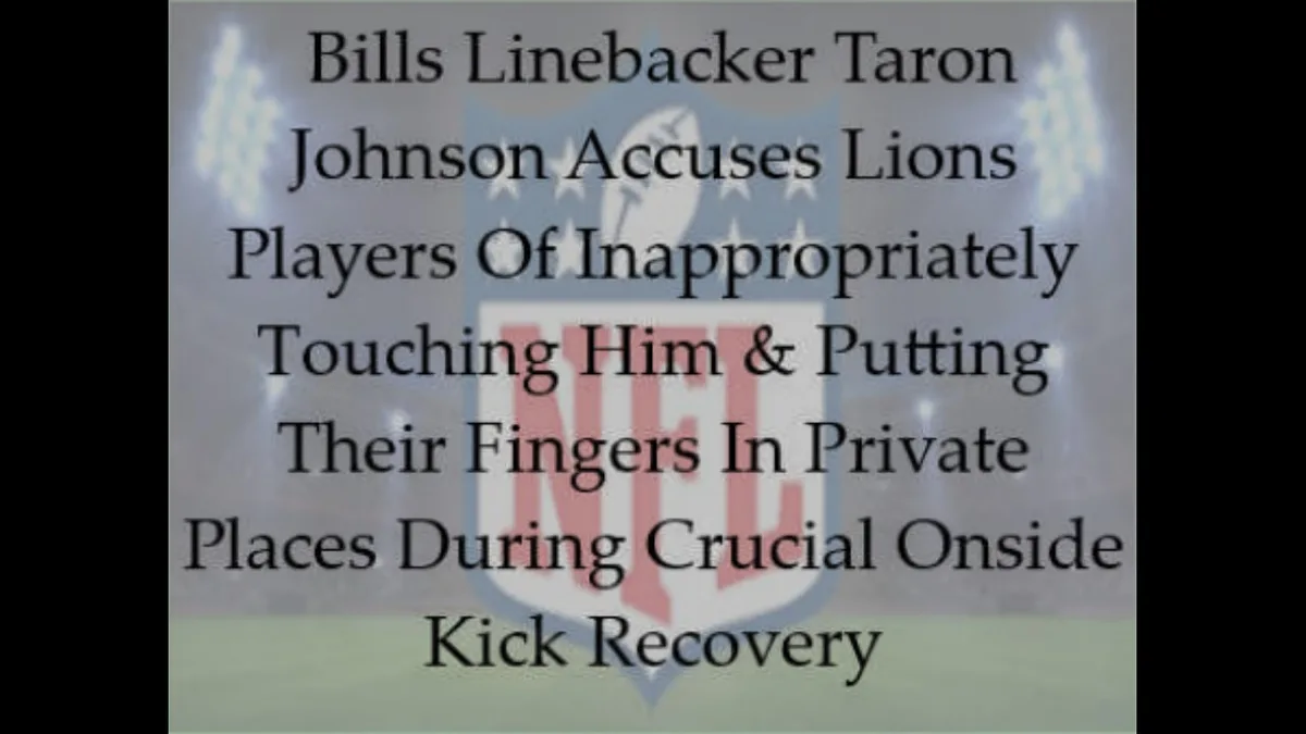 The image displays a blurred NFL logo with overlaid text describing a fictional accusation by Bills linebacker Taron Johnson…