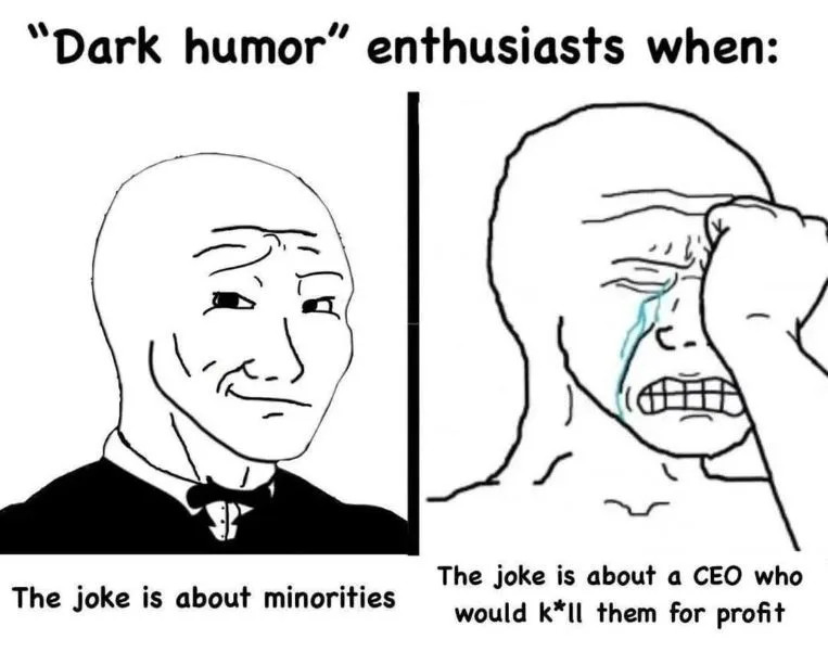 A split-panel black-and-white drawing shows a man in a tuxedo smiling smugly on the left, and the same man crying…