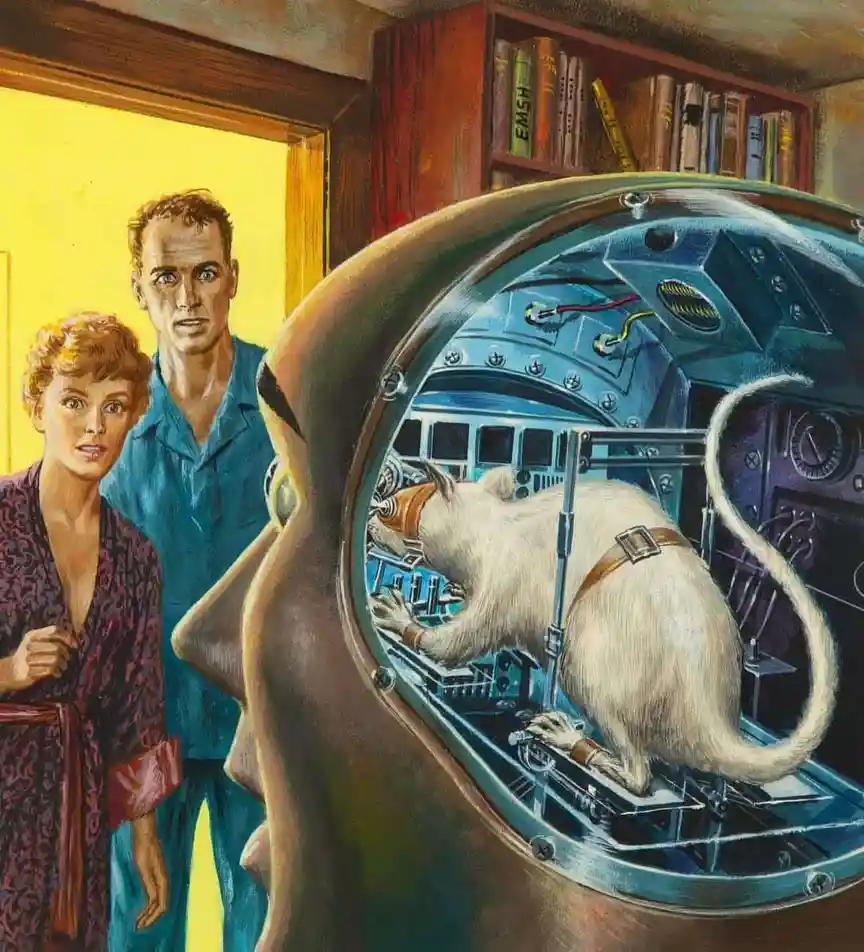 A vintage sci-fi illustration shows a man and woman looking shocked as they see the open skull of a person, revealing a…