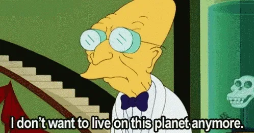 A cartoon character with a long nose, glasses, and a bowtie looks distressed while standing near a staircase. A skull is…