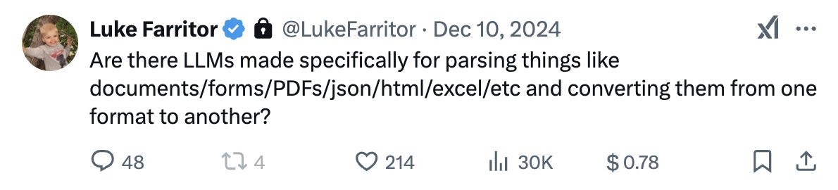 A screenshot of a tweet by Luke Farritor from December 10, 2024, asking if there are large language models specifically…