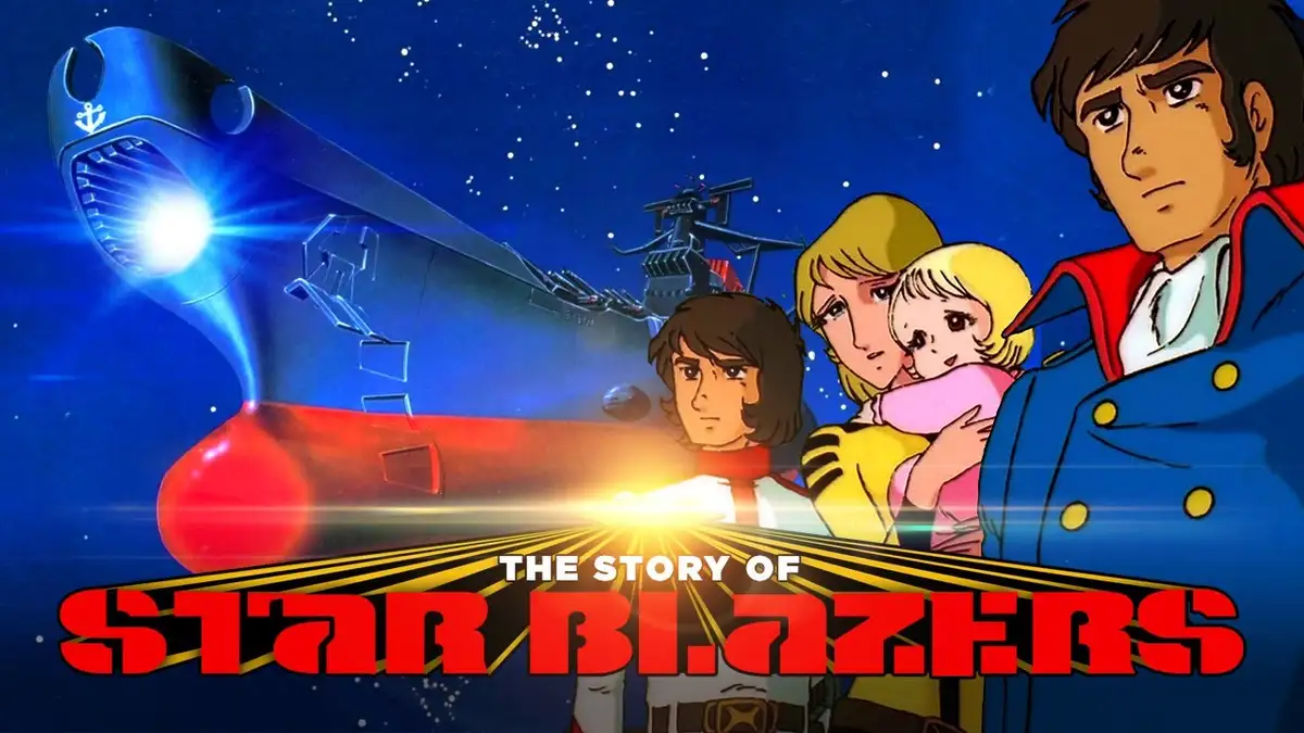 A promotional image for the anime 'Star Blazers' shows four characters against a starry space backdrop with a large…