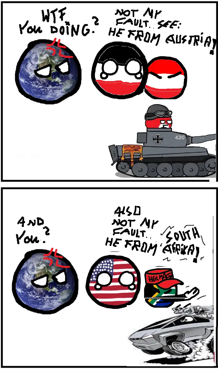 Two-panel cartoon featuring Earth as a planet with a red 'X' over it, reacting to two different countries blaming each other…