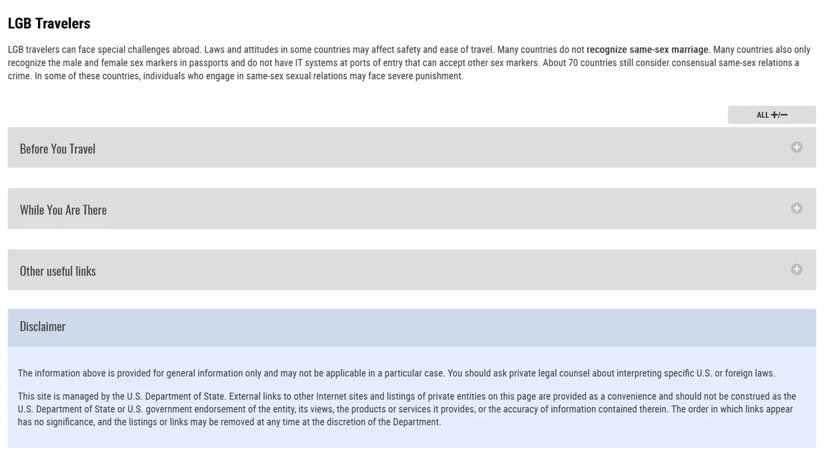 A screenshot of a U.S. Department of State webpage titled 'LGB Travelers' detailing legal challenges for LGBTQ+ travelers…