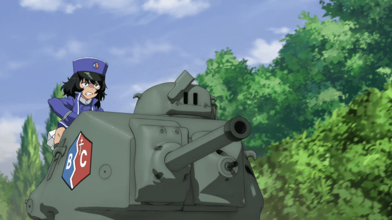 The image is a six-panel anime sequence from 'Girls' Frontline' showing a tank with a brush on its cannon, then a girl being…