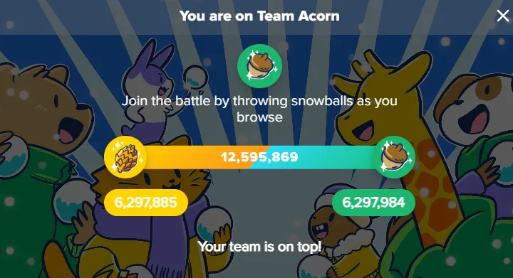 A game interface shows a scoreboard with cartoon animals cheering. The text says 'You are on Team Acorn' and 'Join the…