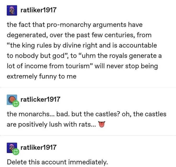 A screenshot of a Reddit thread shows user 'ratliker1917' complaining about how pro-monarchy arguments have become shallow…