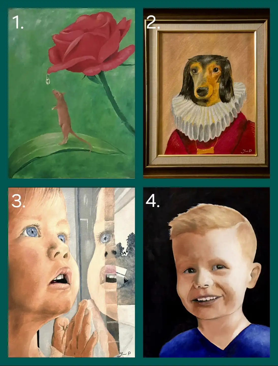 This image is a four-panel collage of paintings. Panel 1 shows a mouse drinking water from a rose. Panel 2 is a portrait of…