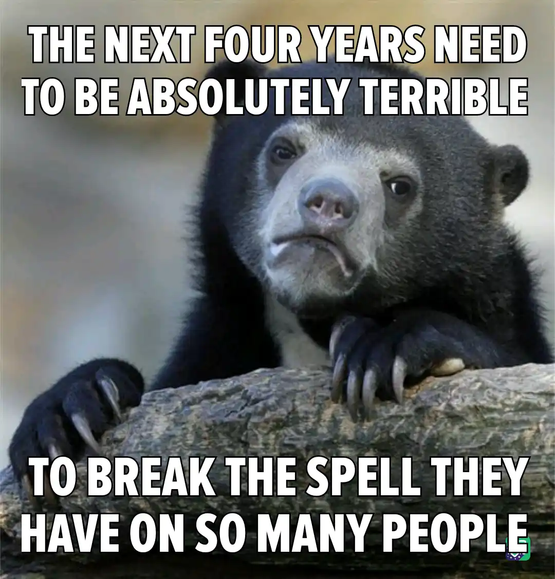 A close-up photo of a sad-looking spectacled bear resting its paws on a log, with white bold text overlaid in two sections…
