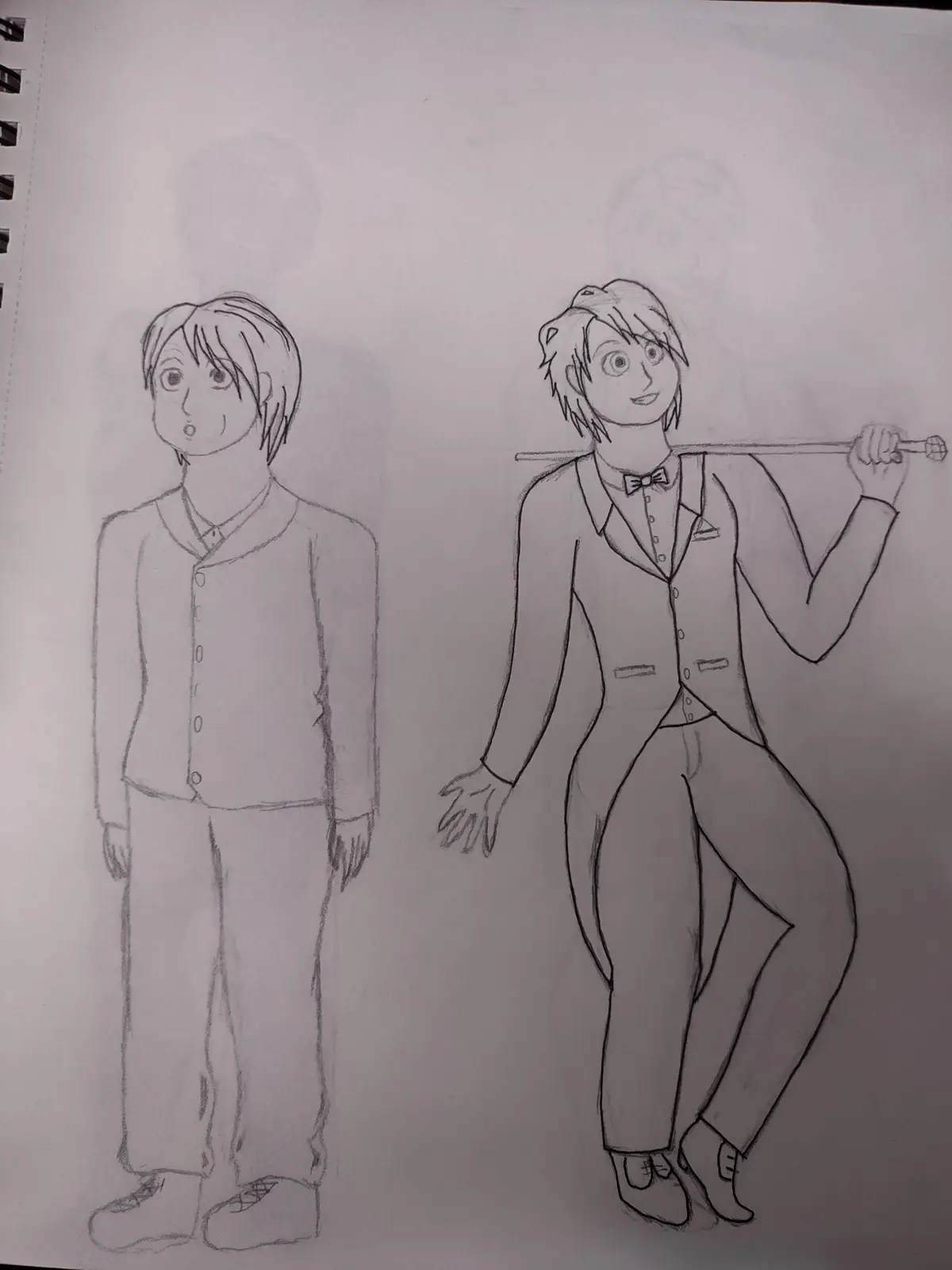 A pencil sketch shows two cartoon-style figures side by side. The figure on the left, in a simple button-up shirt and pants…
