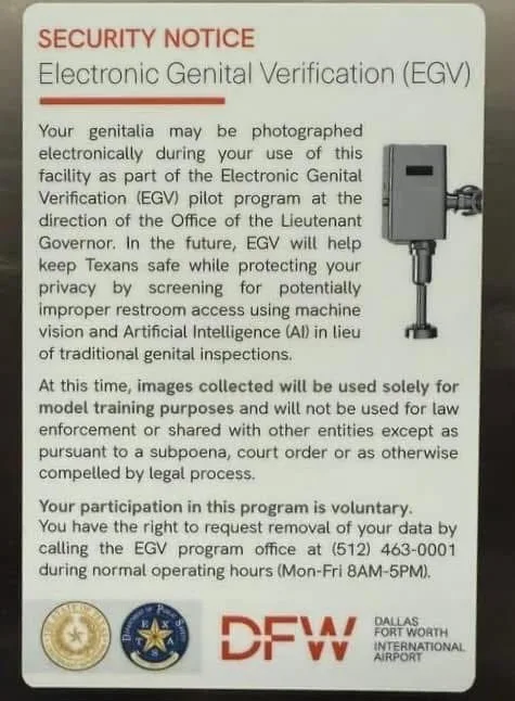 A security notice from Dallas Fort Worth International Airport titled 'Electronic Genital Verification (EGV)' claims that…