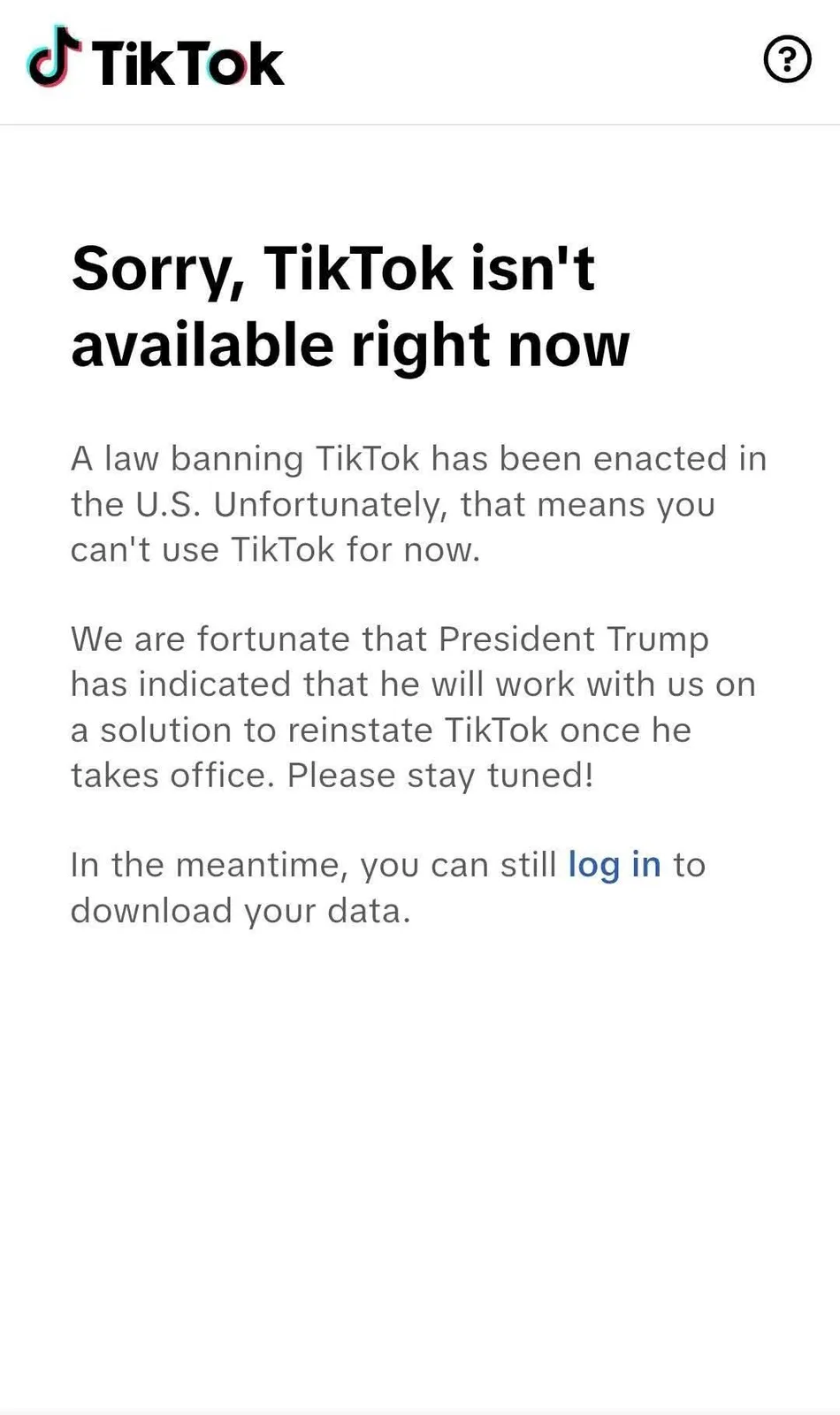 The image displays a TikTok error screen stating the app is unavailable due to a U.S. ban. The text humorously claims…