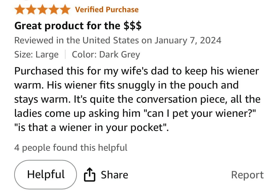 A screenshot of a five-star Amazon product review for a pouch, humorously claiming it's for keeping 'his wiener warm' and…