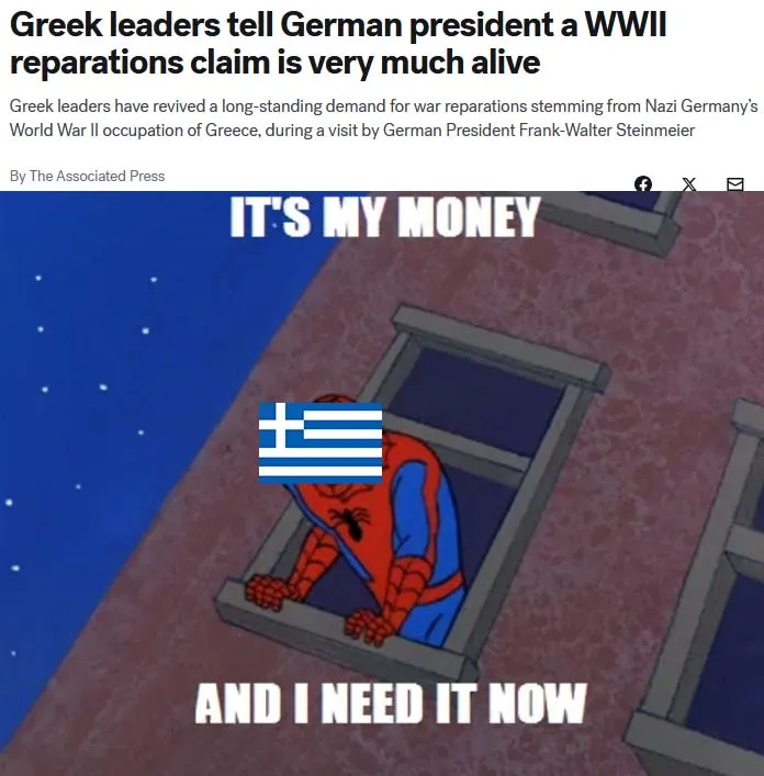 An image of Spider-Man looking out a window with the Greek flag superimposed on his head, overlaid with the text 'IT'S MY…
