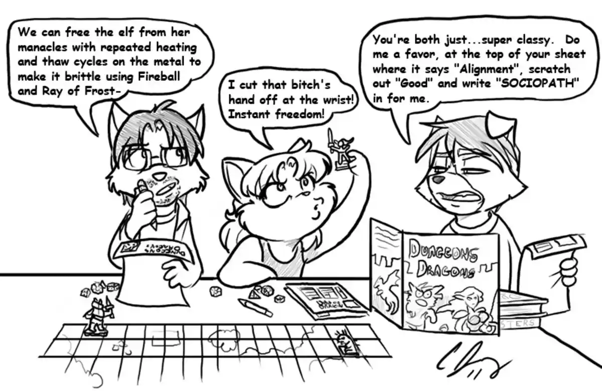 Three anthropomorphic cat characters are playing Dungeons & Dragons at a table with dice, a grid map, and a rulebook. The…