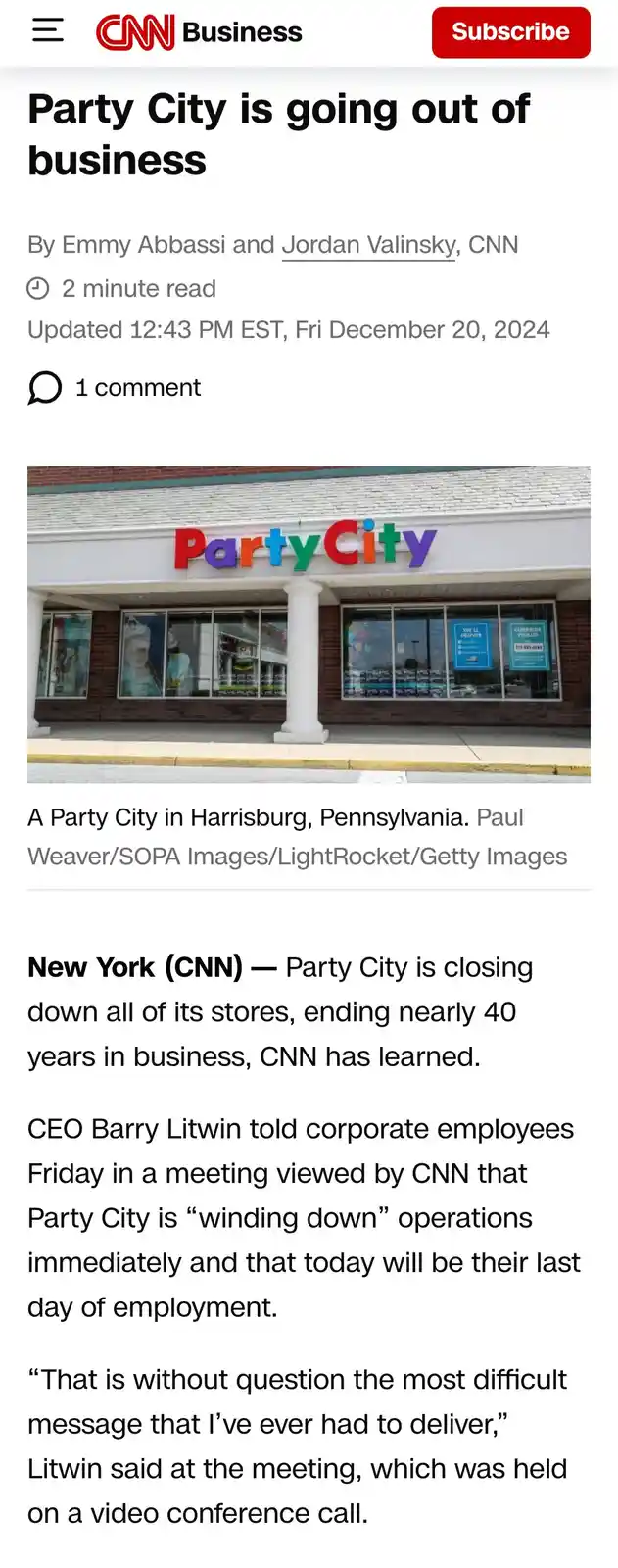 A screenshot of a CNN Business article about Party City closing all stores, featuring a photo of a Party City storefront…